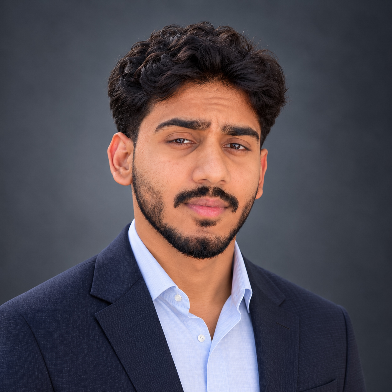 Portrait of Nirmal Philips Tom wearing a navy blazer and light blue shirt