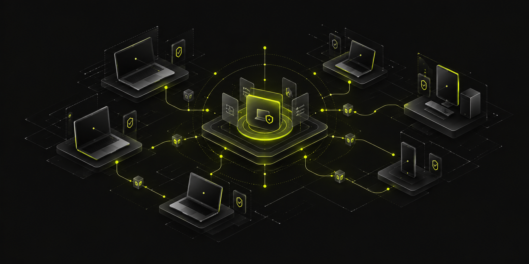 Endpoint security illustration connecting laptops, a desktop and mobile devices to central management and protection controls with lime-accented lines.