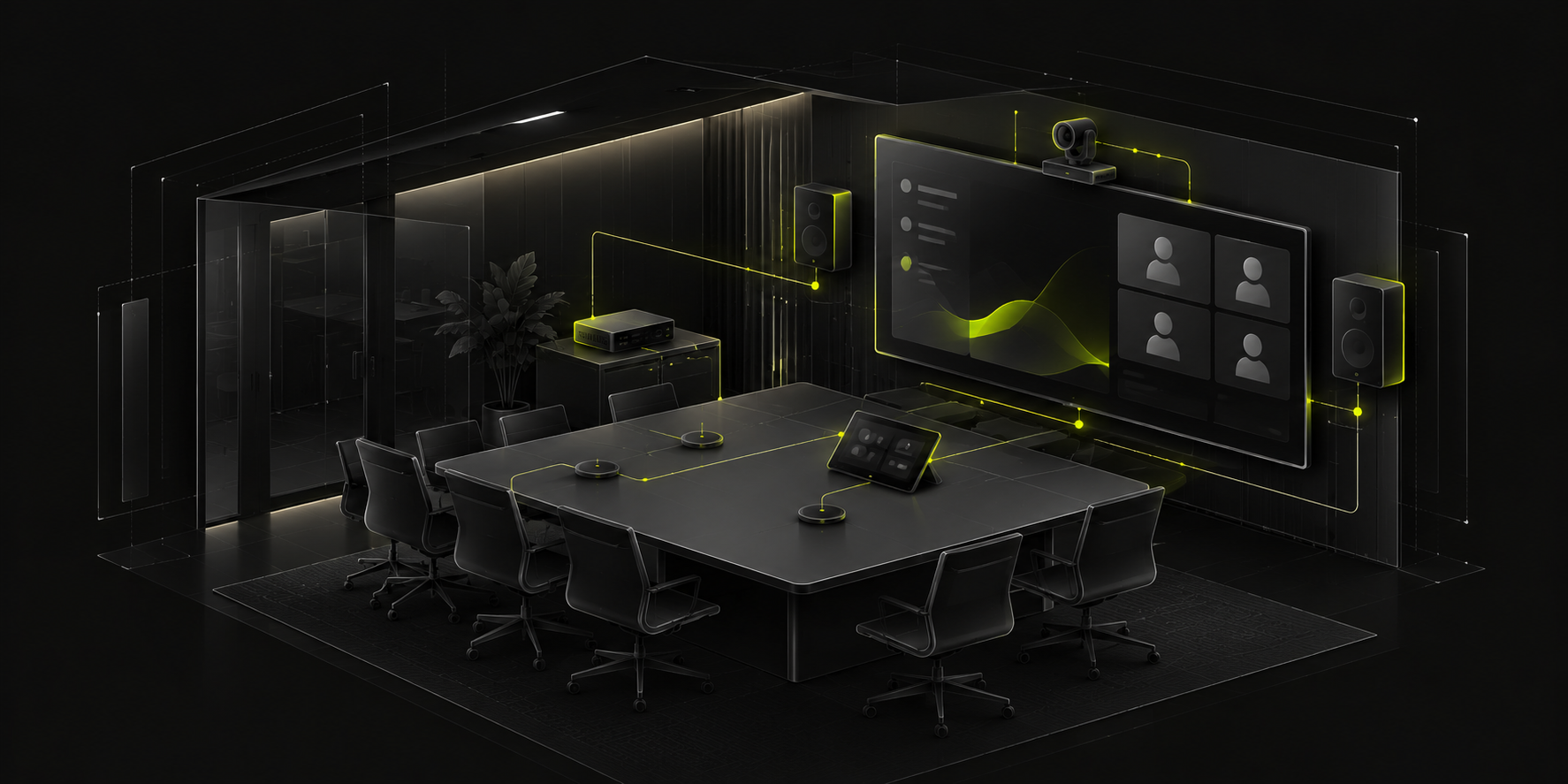 Meeting room illustration with a large collaboration display, conferencing camera, speakers, table microphones and room controller connected by lime-accented lines.
