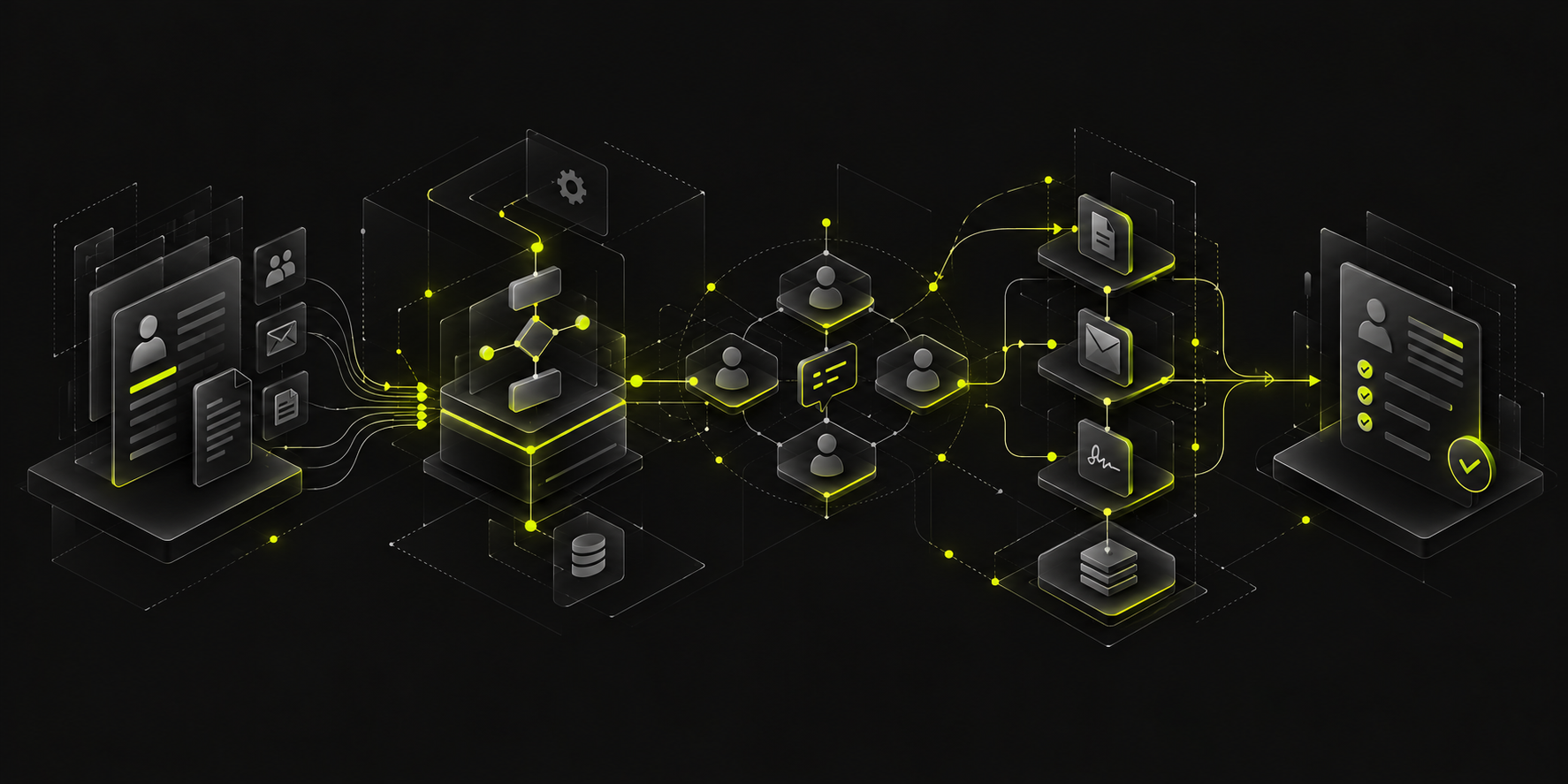 Recruitment workflow illustration connecting candidate records, automation, stakeholders, documents and appointment with lime-accented lines.